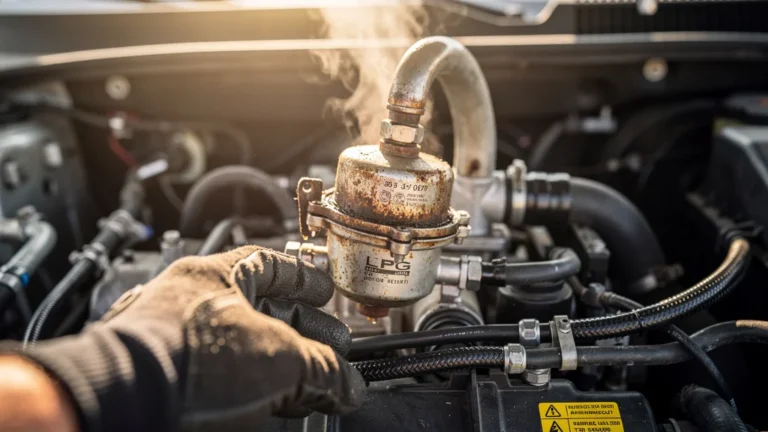 Photo ultra-réaliste d’un filtre GPL usé dans un moteur, illustrant une panne évitable par changement à temps