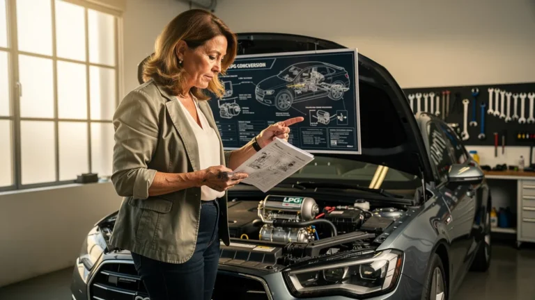 Femme de 49 ans examinant un kit de conversion GPL dans un garage moderne, passion mécanique