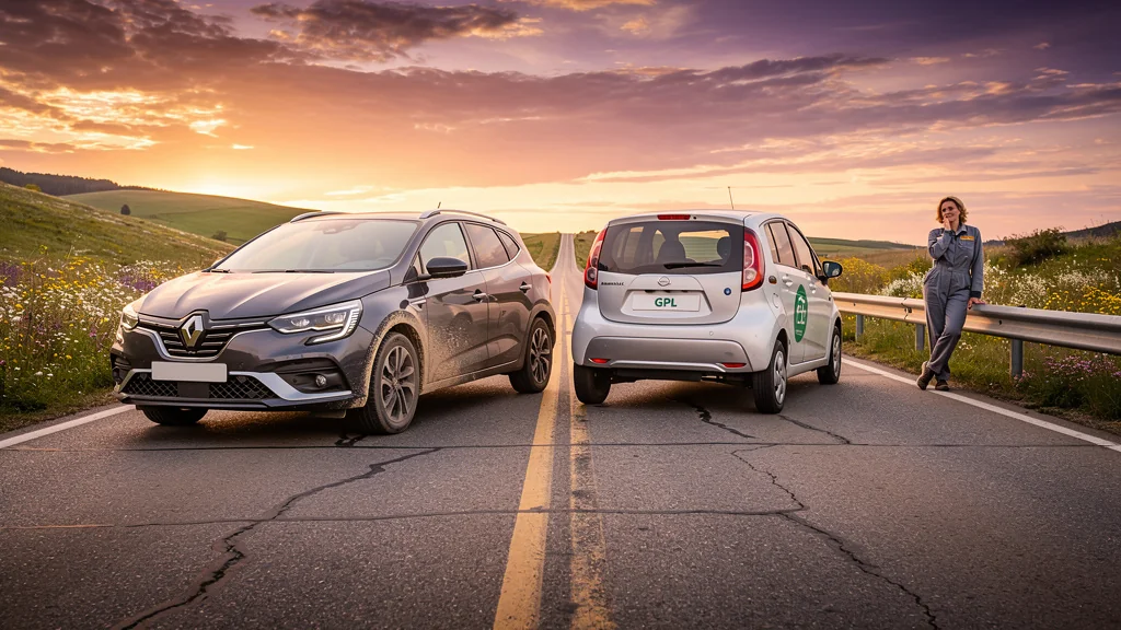 Comparaison réaliste diesel et GPL pour beaucoup rouler sur route ouverte en lumière dorée