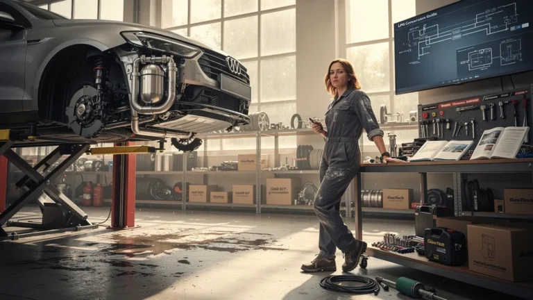 Atelier automobile moderne avec installation détaillée d’un kit GPL et femme mécano réfléchissant au choix
