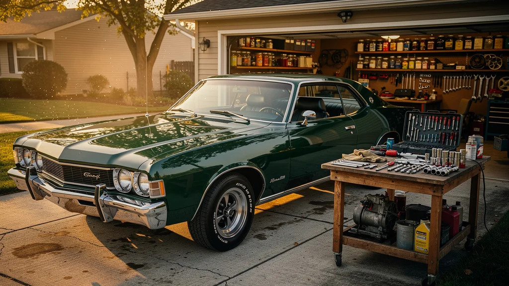 Voiture ancienne bien entretenue dans une allée, symbole d’entretien durable plutôt que rachat