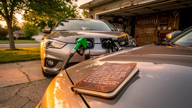 Comparaison consommation GPL et essence sur un mois avec voiture moderne et carnet de notes