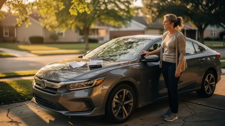 Femme de 49 ans pensant près de sa voiture moderne, regret d’avoir roulé au GPL sans vérifier la compatibilité