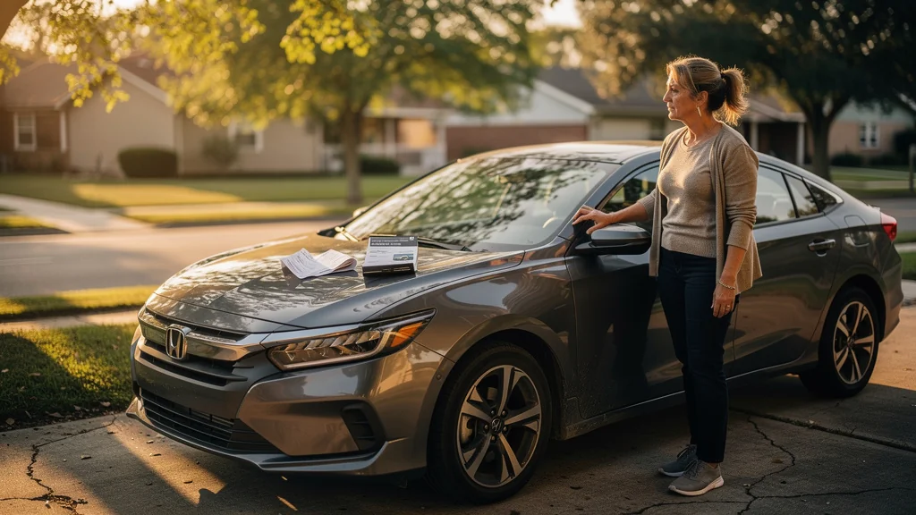Femme de 49 ans pensant près de sa voiture moderne, regret d’avoir roulé au GPL sans vérifier la compatibilité