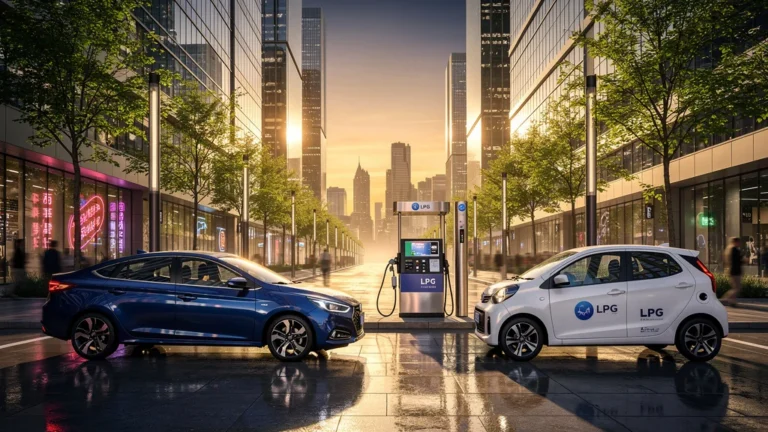 Comparaison urbaine hyperréaliste entre voiture hybride et GPL dans une rue moderne en fin de journée