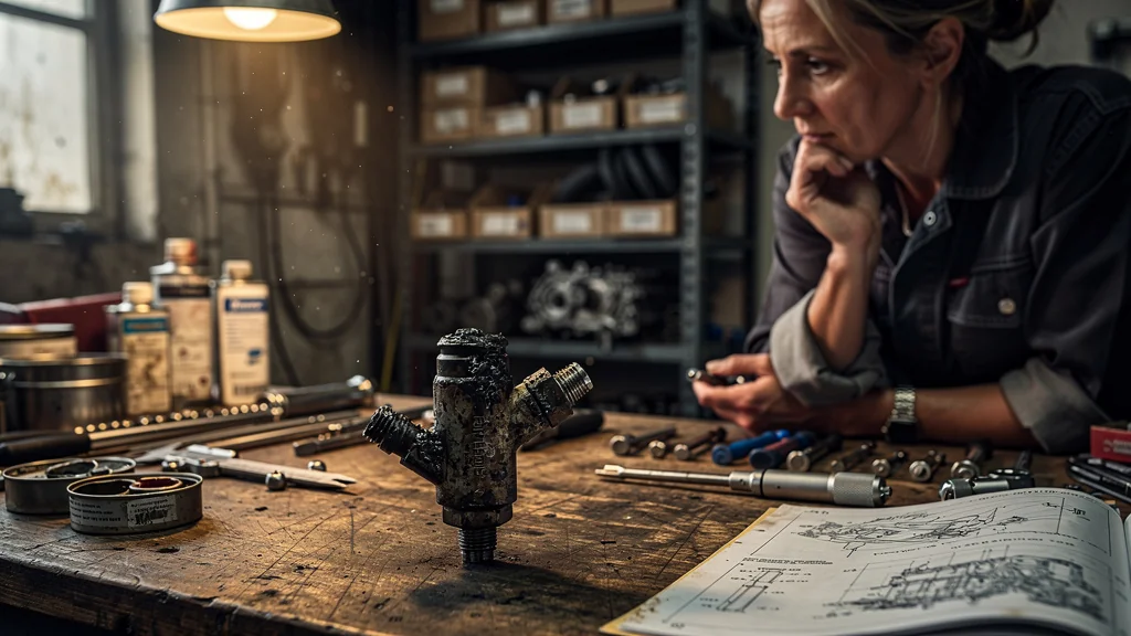 Injecteur GPL encrassé sur établi dans atelier mécanique, symbole de patience et passion mécanique féminine