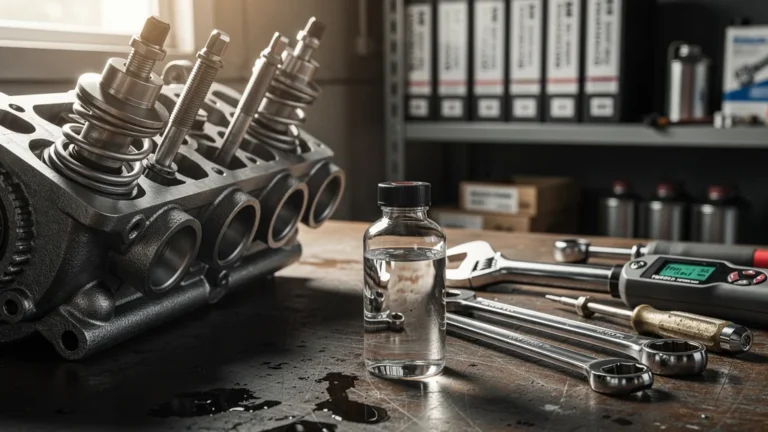 Gros plan hyperréaliste d’une soupape GPL avec additif, mécanique et entretien moteur précis en atelier