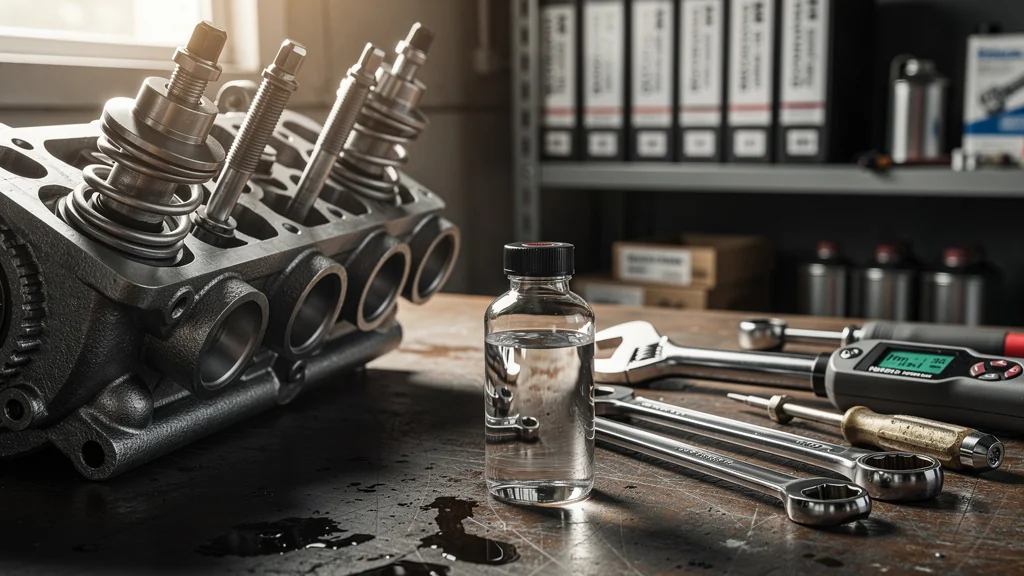 Gros plan hyperréaliste d’une soupape GPL avec additif, mécanique et entretien moteur précis en atelier