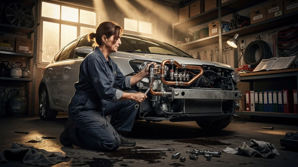 Femme de 49 ans réalisant sa première conversion GPL automobile dans un garage intime et lumineux