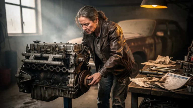 Femme mécanicienne inspectant un moteur diesel usé, carnet d'entretien négligé en évidence dans un garage sombre