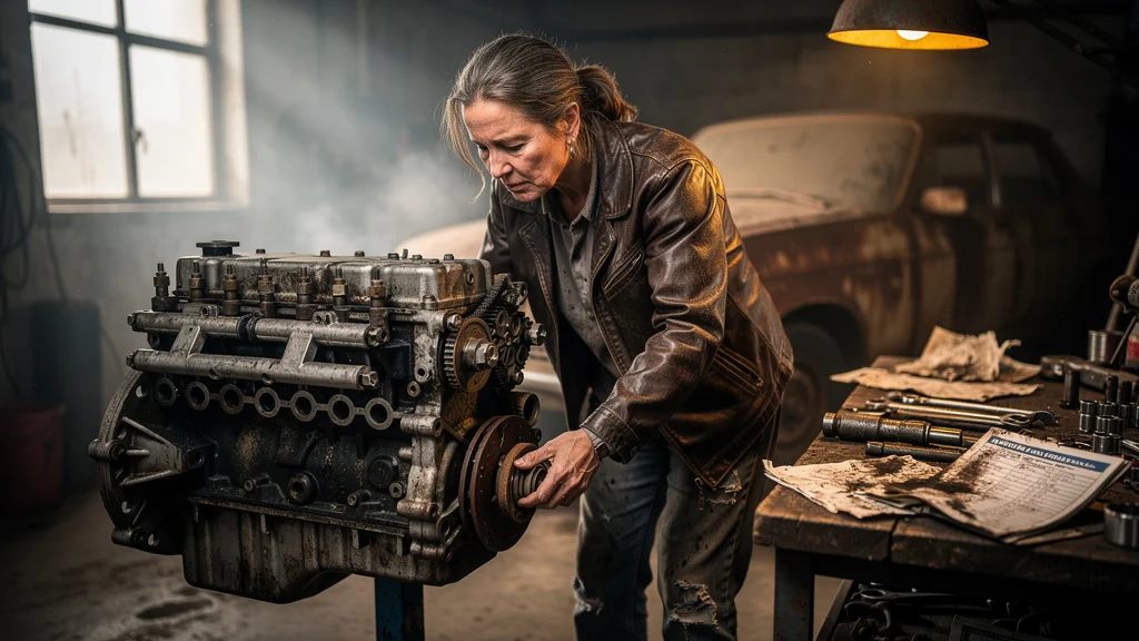 Femme mécanicienne inspectant un moteur diesel usé, carnet d'entretien négligé en évidence dans un garage sombre