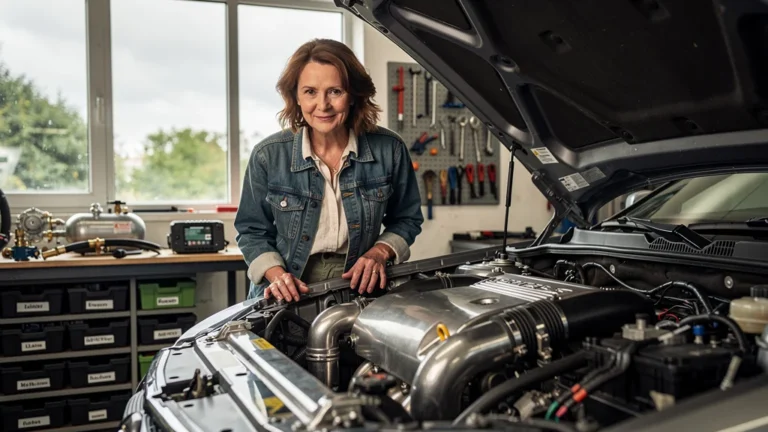 Femme inspectant un moteur de voiture d'occasion avant conversion GPL, passion mécanique, garage lumineux