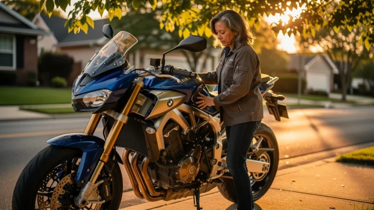 Femme de 49 ans inspectant une moto après pose de kit, illustrant l'erreur de sous-estimer le rodage mécanique