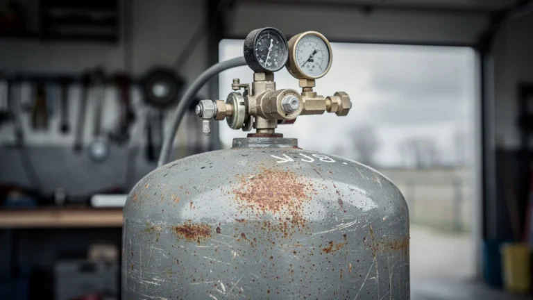 Réservoir GPL en fin de validité avec corrosion visible après révision, image hyper-réaliste sécurité mécanique