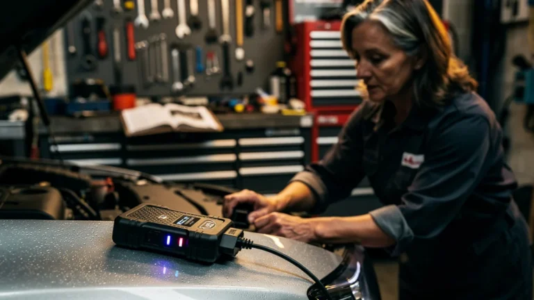 Valise diagnostic OBD à petit prix en test sur voiture moderne dans atelier mécanique lumineux