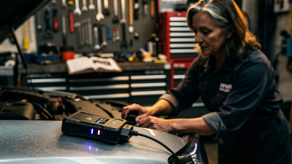 Valise diagnostic OBD à petit prix en test sur voiture moderne dans atelier mécanique lumineux