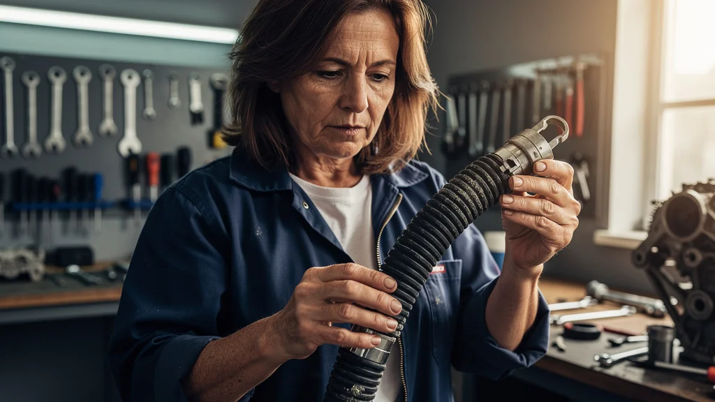 Femme inspectant l'état des flexibles GPL dans un atelier mécanique lumineux et réaliste